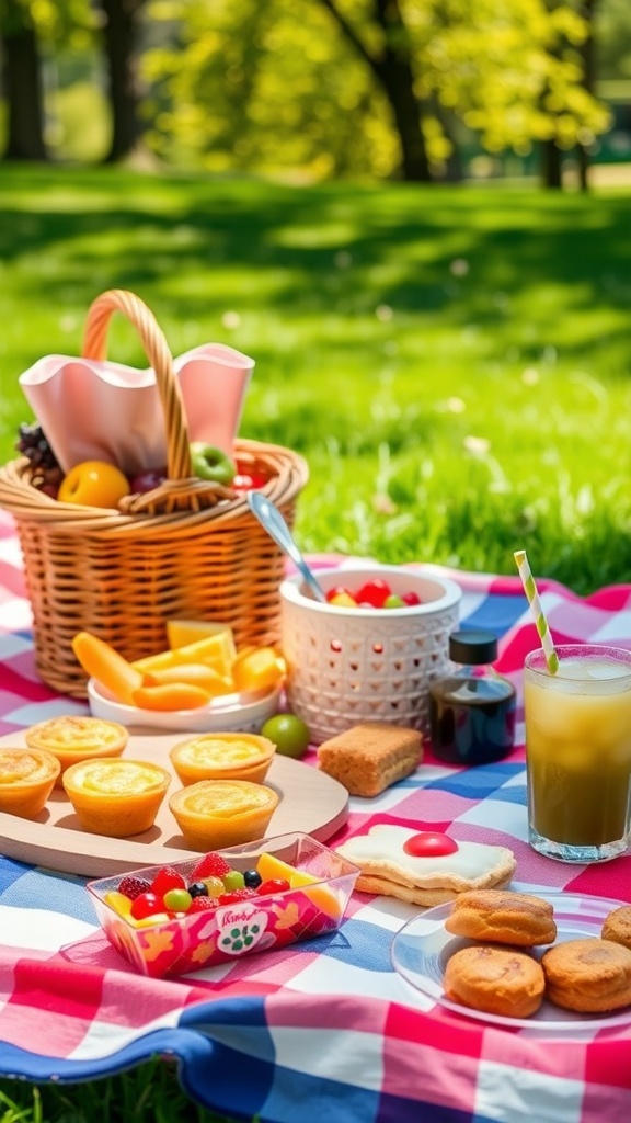A picnic spread with mini quiches, fruit salad, pastries, and drinks on a blanket in a park.